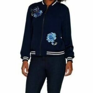 Susan Graver (Size US 1X) Navy Floral Embroidered Bomber Zipper Jacket NWOT